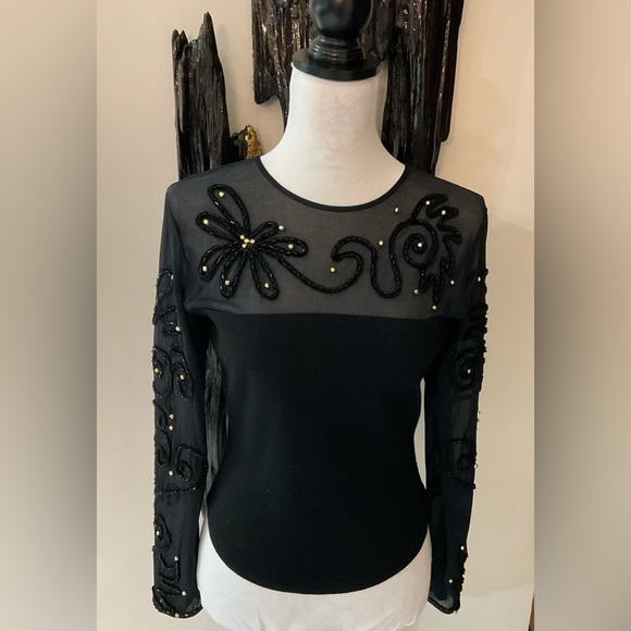 ANDREA JOVINE 100% WOOL BODY MESH TOP WITH ROPING FLOWER BEADING NWOT SIZE M - Picture 8 of 9